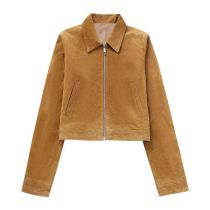Fashion Brown Woven Lapel Zipped Jacket
