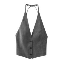 Fashion Grey Polyester Halterneck Lace-up Pinstripe Tank Top
