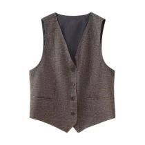 Fashion Brown Polyester Plaid Buttoned Vest