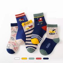 Fashion Cartoon Car [anti-pilling Combed Cotton 5 Pairs] Cotton Knitted Childrens Mid-calf Socks