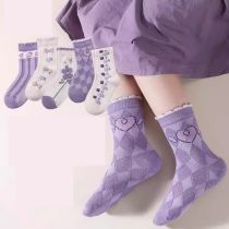 Fashion Night Purple Flower-5 Pairs [autumn New Type A Pure Cotton] Cotton Knitted Childrens Mid-calf Socks