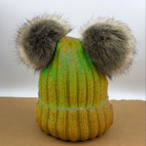 Fashion Yellow Knitted Beanie With Two Fur Balls