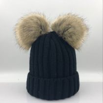 Fashion Black Knitted Beanie With Two Fur Balls