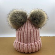 Fashion Pink Knitted Beanie With Two Fur Balls