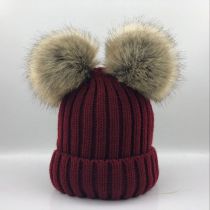 Fashion Claret Knitted Beanie With Two Fur Balls