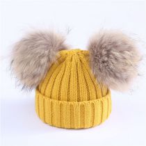 Fashion Yellow M (adult 36-58cm) Knitted Beanie With Two Fur Balls