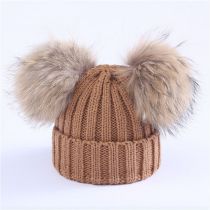 Fashion Khaki M (adult 36-58cm) Knitted Beanie With Two Fur Balls