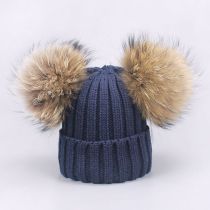 Fashion Navy Blue M (adult 36-58cm) Knitted Beanie With Two Fur Balls