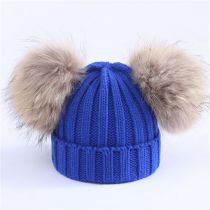 Fashion Royal Blue M (adult 36-58cm) Knitted Beanie With Two Fur Balls