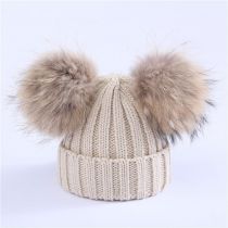 Fashion Beige M (adult 36-58cm) Knitted Beanie With Two Fur Balls