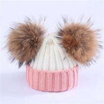 Fashion Pink Plus White M (adult 36-58cm) Knitted Beanie With Two Fur Balls