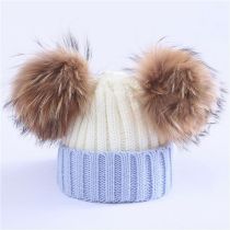 Fashion Blue And White M (adult 36-58cm) Knitted Beanie With Two Fur Balls
