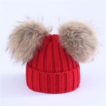 Fashion Red M (adult 36-58cm) Plus Velvet Knitted Beanie With Two Fur Balls