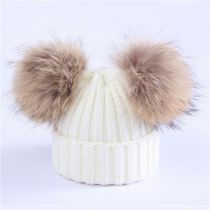 Fashion White M (adult 36-58cm) Plus Velvet Knitted Beanie With Two Fur Balls