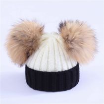 Fashion Black And White M (adult 36-58cm) Plus Velvet Knitted Beanie With Two Fur Balls