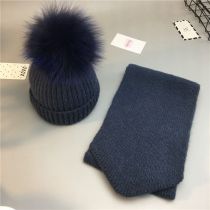 Fashion Hat And Scarf Navy Blue Adult Style Wool Knitted Wool Ball Beanie + Scarf