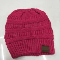 Fashion Rose Red Solid Color Knitted Label Empty Top Beanie