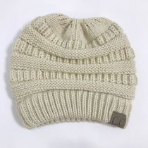 Fashion Beige Solid Color Knitted Label Empty Top Beanie
