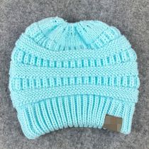Fashion Sky Blue Solid Color Knitted Label Empty Top Beanie