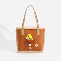 Fashion Yellow Lambswool Paneled Large-capacity Handbag