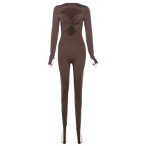 Fashion Brown Hollow Long Sleeve Knitted Bottoming Jumpsuit