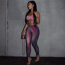 Fashion Purple Striped Camisole High Waisted Pencil Pants Suit