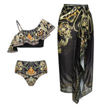 Fashion Ruffled Split Skirt Suit Polyester Printed One-shoulder Swimsuit With Knotted Skirt Set