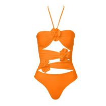 Fashion Single Orange Swimsuit Polyester Pleated Cutout Halterneck One-piece Swimsuit