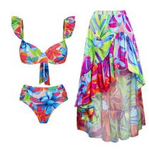 Fashion Split Suit Polyester Printed Two-piece Swimsuit Irregular Skirt Set