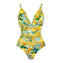 Fashion Single V-neck One-piece Swimsuit Polyester Printed One-piece Swimsuit