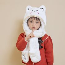 Fashion White Kitten Polyester Children's Integrated Hood With Mask Plush Scarf And Gloves