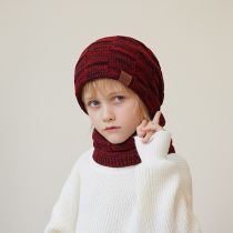 Fashion Children's Two-piece Set-burgundy Acrylic Children's Knitted Label Beanie And Scarf Set