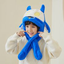 Fashion Blue+white Polyester Cartoon Monster Ears Moving Plush Scarf Integrated Children's Hood