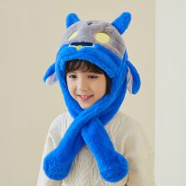 Fashion Blue + Gray Polyester Cartoon Monster Ears Moving Plush Scarf Integrated Children's Hood