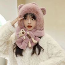 Fashion Bear Hug Two Piece Set Pink Imitation Rabbit Fur Bear Scarf Integrated Hoodie