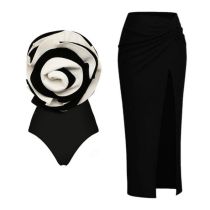 Fashion Black Suit (slit Skirt) Polyester Color Block One Piece Swimsuit Irregular Skirt Set