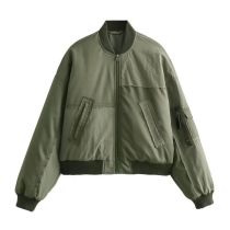 Fashion Green Polyester Patchwork Stand Collar Zipper Jacket