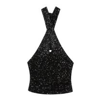 Fashion Black Polyester Sequined Halter Neck Sequined Top