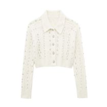 Fashion White Beaded Lapel Knitted Jacket