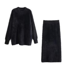 Fashion Black Blended Plush Crew Neck Sweater Skirt Suit