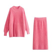 Fashion Pink Blended Plush Crew Neck Sweater Skirt Suit