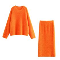 Fashion Orange Blended Plush Crew Neck Sweater Skirt Suit