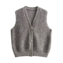 Fashion Grey Suede Knitted V-neck Vest Cardigan