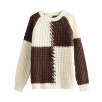 Fashion Coffee Contrast Waffle Crew Neck Knitted Sweater