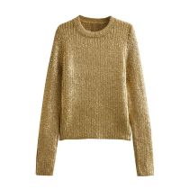 Fashion Gold Metallic Grained Knitted Crew Neck Sweater