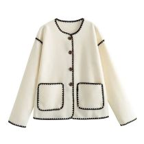 Fashion White Woven Knitted Color-blocked Buttoned Sweater Cardigan