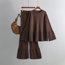Fashion Brown Cotton Knit Bell Sleeve Crew Neck Sweater Wide Leg Pants Suit
