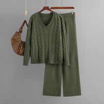 Fashion Olive Green Cotton Twist Knit V-neck Sweater Wide-leg Pants Suit