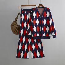 Fashion Red Geometric Diamond Knitted Cardigan Wide-leg Trousers Suit
