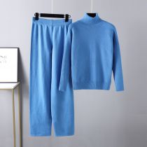 Fashion Blue Cotton Turtleneck Knitted Sweater Lace-up Trouser Suit